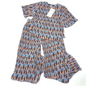 Wildfang Empower Plisse Matching Set Womens XS Blue Orange Blouse Pants NWT